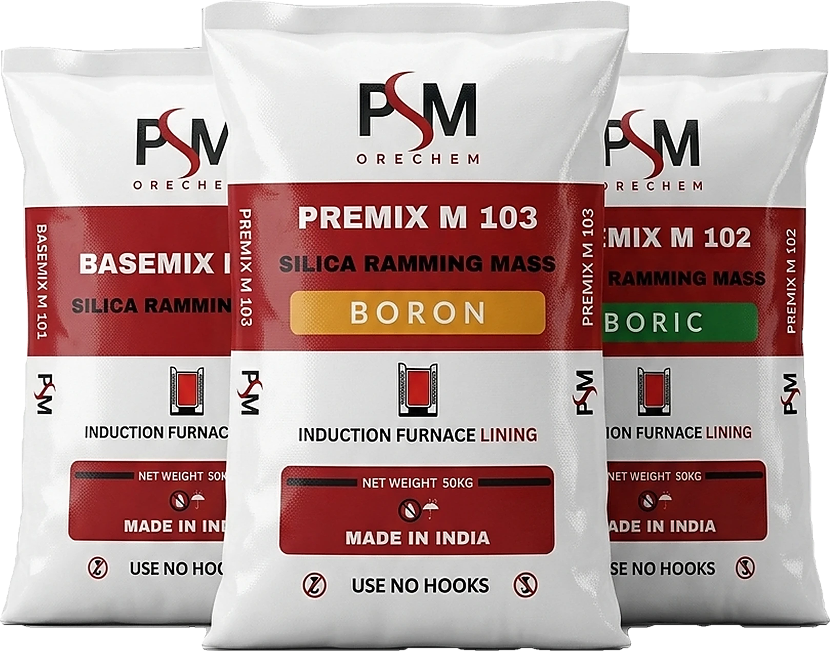 PSM Orechem silica ramming mass range — Basemix M 101, Premix M 102 Boric and Premix M 103 Boron in 50 kg bags