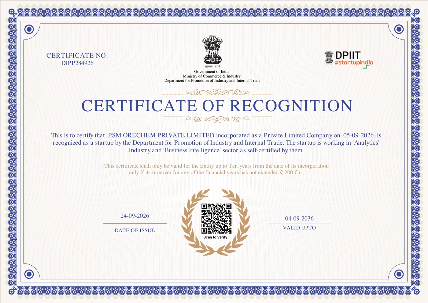 DPIIT Certificate of Recognition — PSM Orechem Private Limited